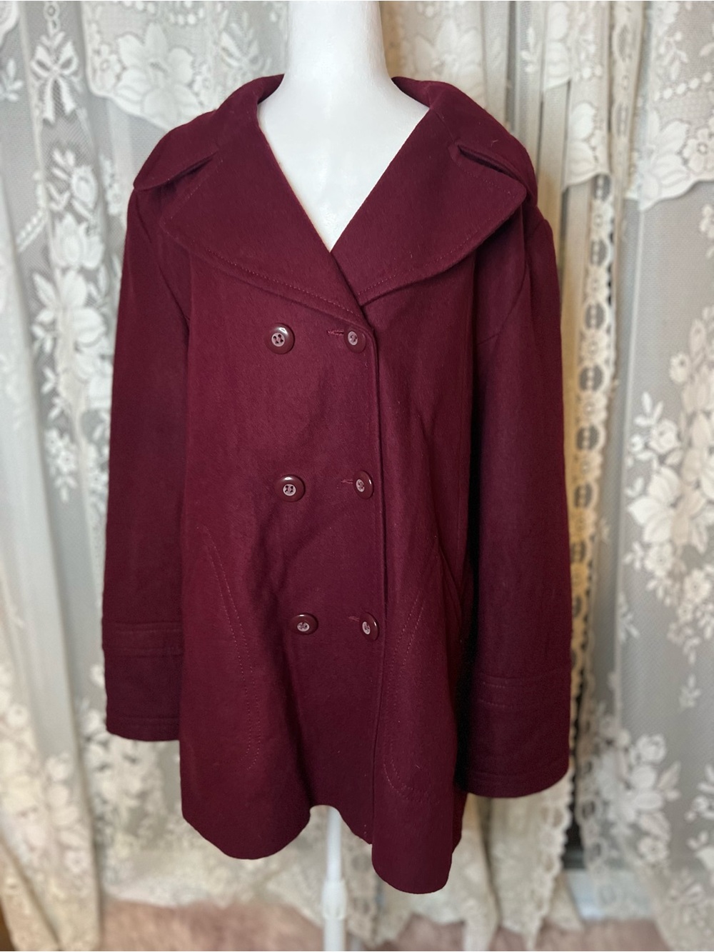 Vintage Jeasica Women's Double-Breasted Wool Blend Peacoat Burgundy Plus Size